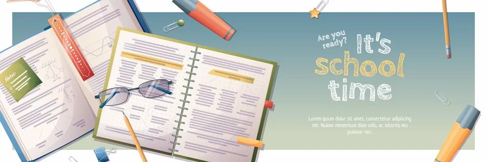 Horizontal banner back to school with school subjects and elements. Educati.. 스톡 일러스트