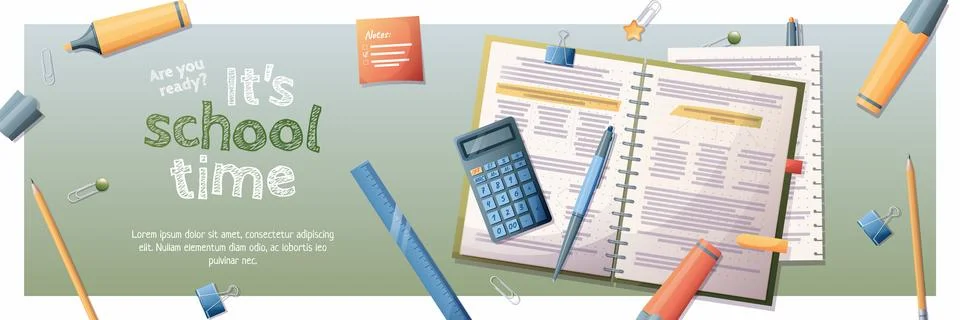 Horizontal banner back to school with school subjects and elements. Educati.. 库存插图