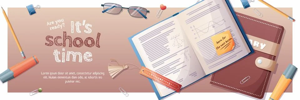 Horizontal banner back to school with school subjects and elements. Educati.. Stock Illustration