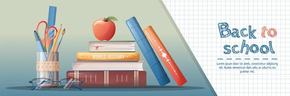 Horizontal banner back to school with school subjects and elements. Educati.. Stock Illustration