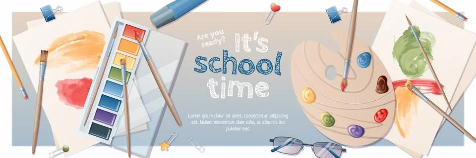 Horizontal banner back to school with school subjects and elements. Educati.. Stock Illustration