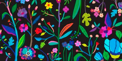 Horizontal banner with beautiful flowers. Vector floral header and creative b Stock Illustration