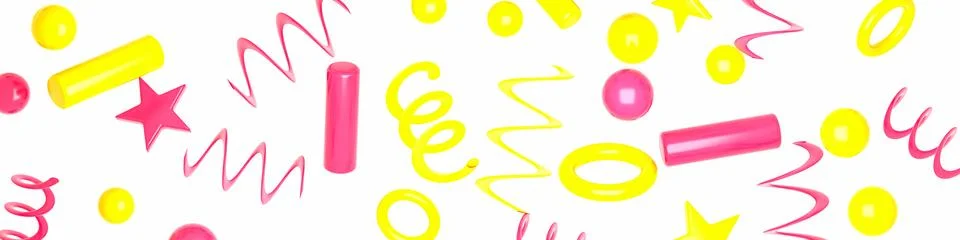 Horizontal banner featuring chaotic floating glossy pink yellow geometric sha Stock Illustration