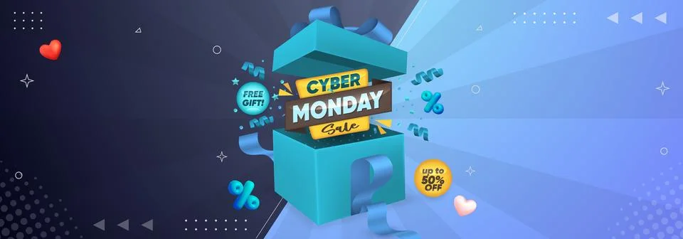 Horizontal banner featuring gift box with Cyber Monday super sale discount Stock Illustration