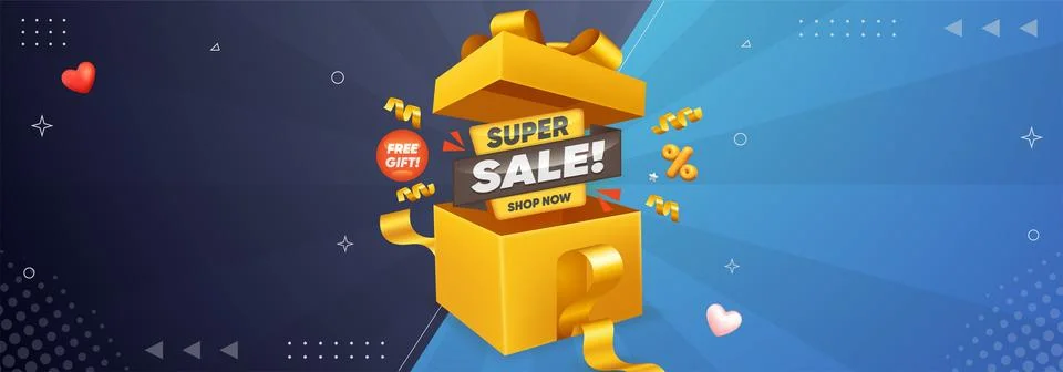 Horizontal banner featuring yellow gift box with super sale discount Stock Illustration
