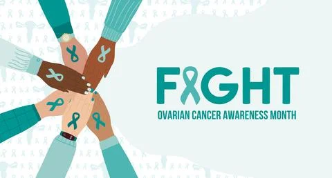 Horizontal banner of female hands stacking together with teal cancer ribbon.. Stock Illustration
