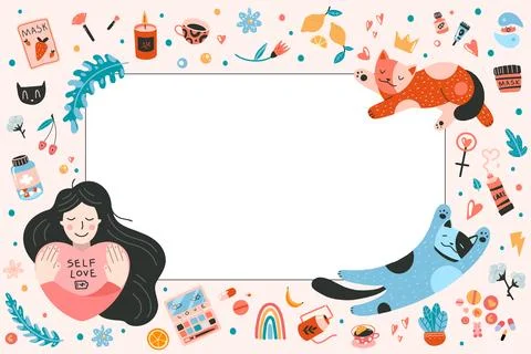 Horizontal banner with frame on self-care theme, cartoon style. Girl hugs h.. Stock Illustration
