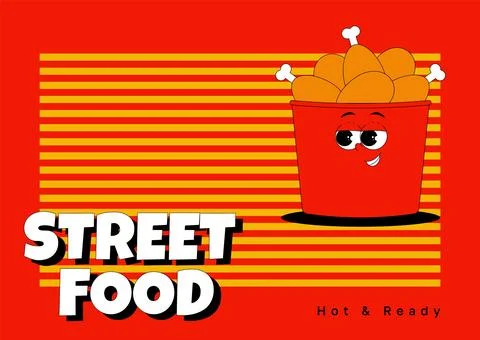 Horizontal banner with funky character red box with chicken thighs in retro.. Stock Illustration