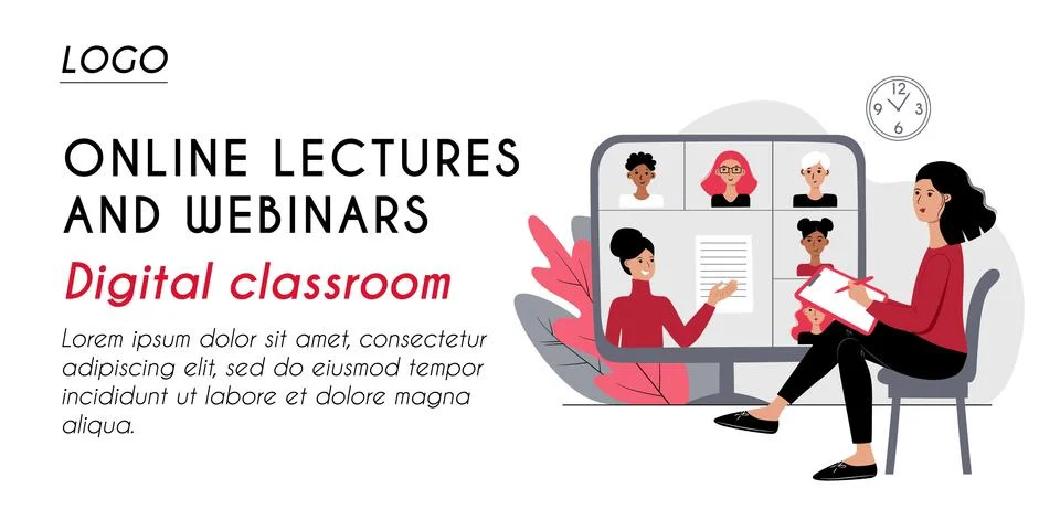 Horizontal banner header template. Young woman listening webinar training les Stock Illustration