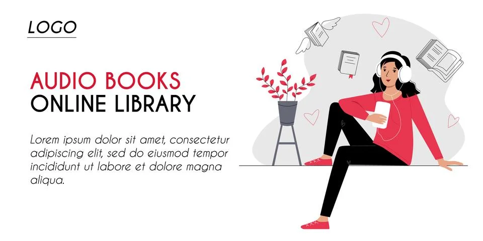 Horizontal banner header for web page template for online audiobooks library e Stock Illustration