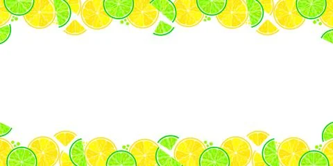 Horizontal banner with lemon and lime slices, citrus vector border on white.. Stock Illustration