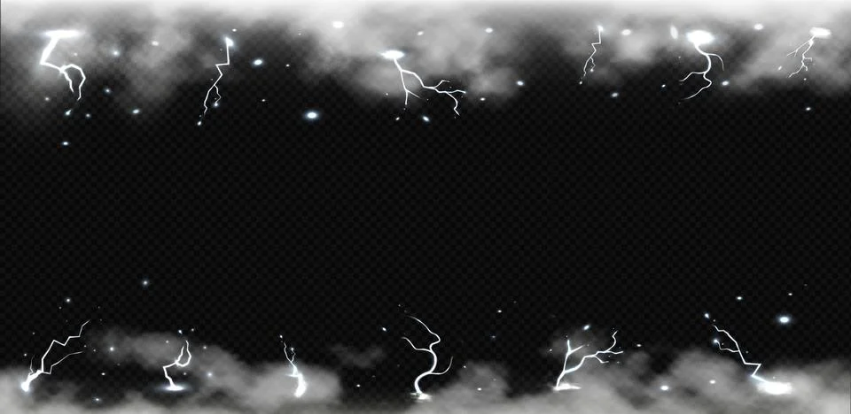 Horizontal banner with lightning, clouds along the top and bottom border. Stock Illustration