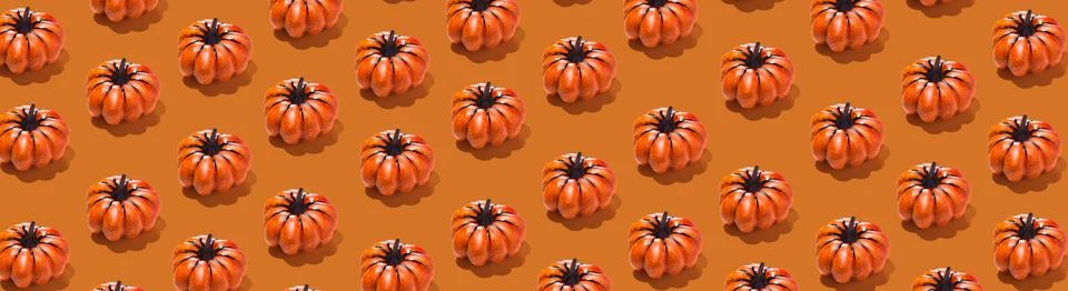 Horizontal banner with pumpkin pattern on orange background. Minimal autumn 스톡 사진
