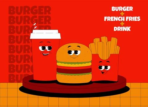 Horizontal banner with retro groovy characters. Combo burger, french fries .. Stock Illustration