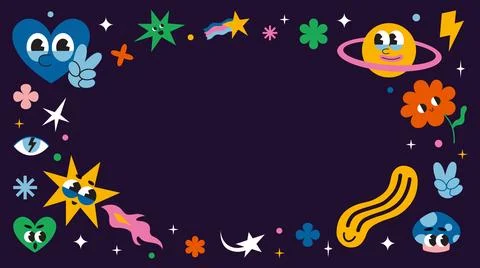 Horizontal banner with round frame, comic groovy characters, cartoon style... Stock Illustration