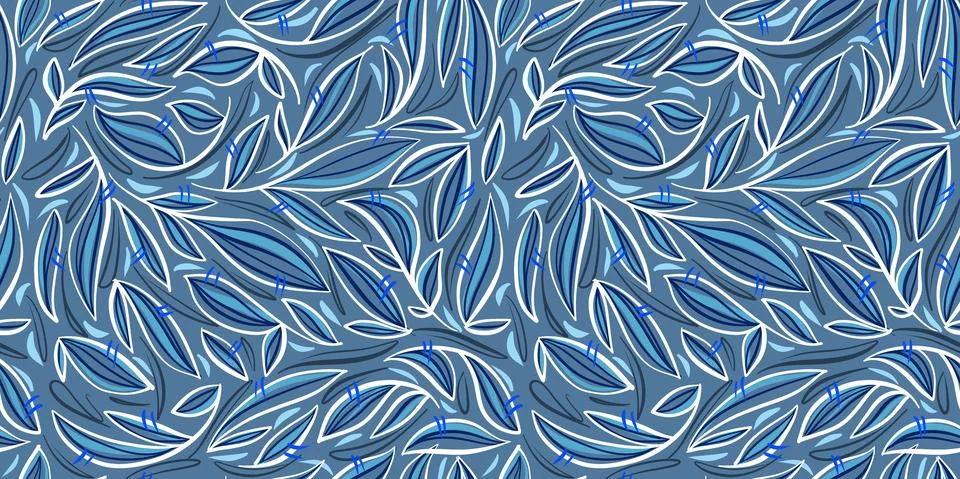 Horizontal banner. Seamless pattern. Blue leaves. For the design of websites. Stock Illustration