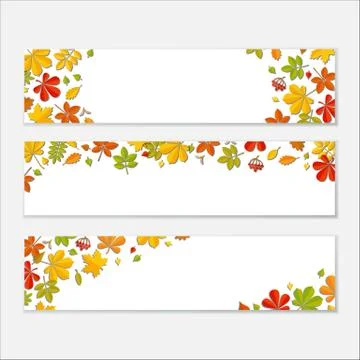 Horizontal Banner set with Autumn falling leaf on white background. Stock Illustration