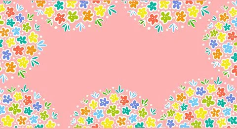 Horizontal banner. Simple multicolored flowers on a pink background. Stock Illustration