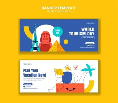 Horizontal Banner Template Design for World Tourism Day in Hand-Drawn Flat .. 스톡 일러스트