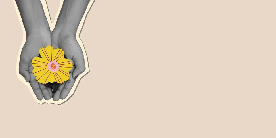 Horizontal banner template with hands holding flower. Modern retro mixed me.. Stock Illustration