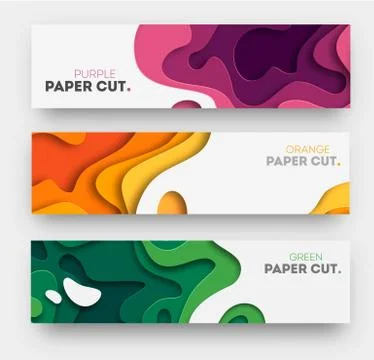 Horizontal banners with 3D abstract background, white paper cut shapes. Vector Stock Illustration