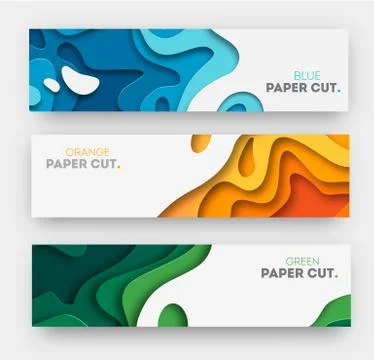 Horizontal banners with 3D abstract background, white paper cut shapes. Vector Stock Illustration