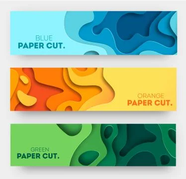 Horizontal banners with 3D abstract background, white paper cut shapes. Vector Stock Illustration