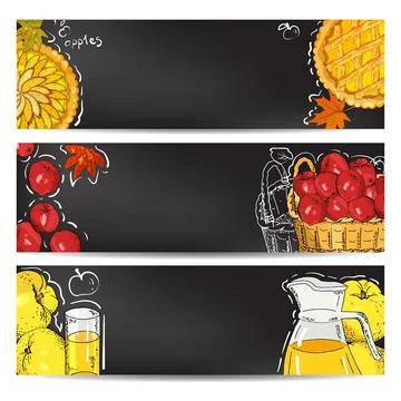 Horizontal banners with apples on black background. Stock Illustration