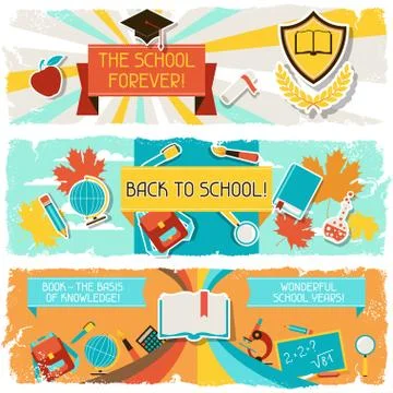 Horizontal banners with an illustration of school objects Illustrazione stock