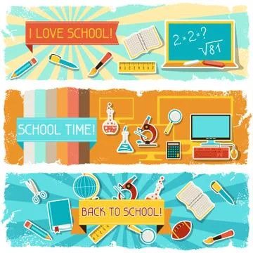 Horizontal banners with an illustration of school objects Illustrazione stock