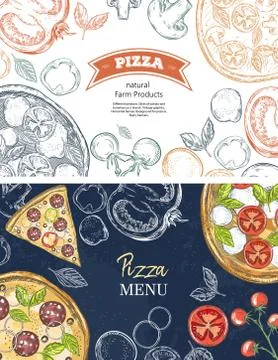 Horizontal banners with pizza and pizza ingredients. Basil, champignons Stock Illustration