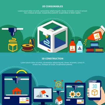 Horizontal Banners Set With 3d Printer And Consumables Illustrazione stock