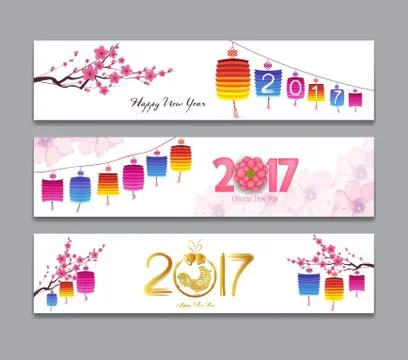 Horizontal Banners Set with Hand Drawn Chinese New Year Rooster Illustrazione stock