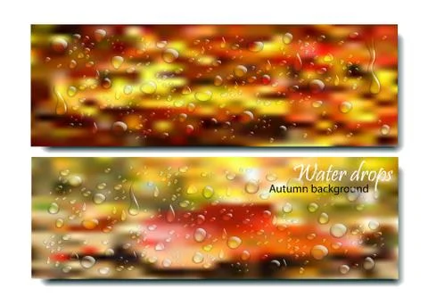 Horizontal Banners Set with Water Drops on the autumn background. Vector Stock Illustration