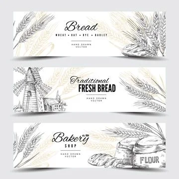 Horizontal banners with spikelets, bread, flour, mill for bakery decoration Stock Illustration