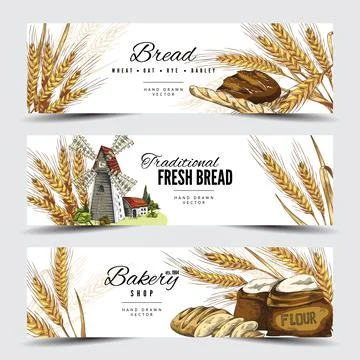 Horizontal banners with spikelets, bread, flour, windmill for bakery decoration Stock Illustration