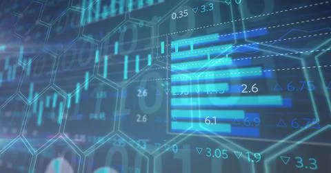 Horizontal bar chart showing numeric labels, trend lines on PC screen, with hex Stock Illustration