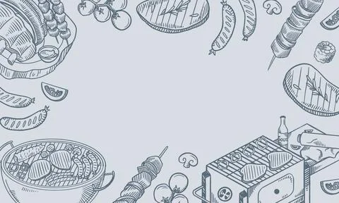 Horizontal BBQ Background Template with Hand Drawn Barbecue Food Frame Stock Illustration