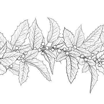 Horizontal black and white seamless pattern holly, ilex branch with berry a.. Stock Illustration