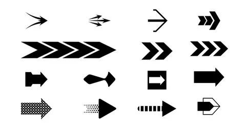 Horizontal black arrow vector signs, Solid and textured pointer icons, Creati Illustrazione stock