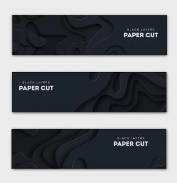 Horizontal black banners with 3D abstract background, white paper cut shapes Stock Illustration