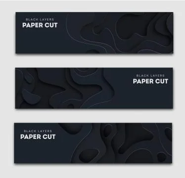 Horizontal black banners with 3D abstract background, white paper cut shapes Stock Illustration