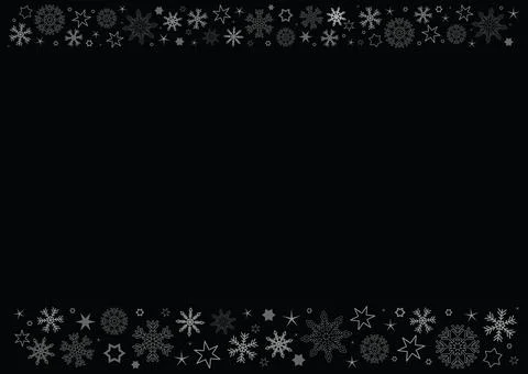 Horizontal black paper background with gray winter snowflakes header and foot Stock Illustration