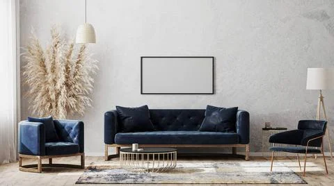 Horizontal blank poster frames on gray wall mockup in modern luxury interi... Foto stock