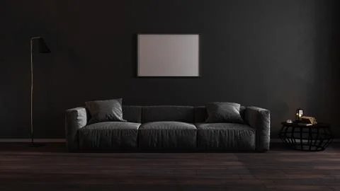 Horizontal blank poster frames mock up in luxury dark living room interior wi 스톡 일러스트