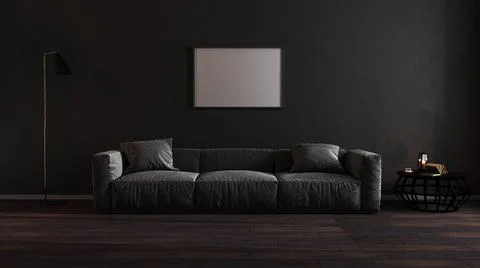 Horizontal blank poster frames mock up in luxury dark living room interior... Foto stock
