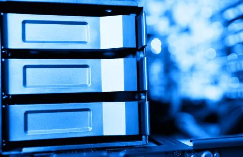 Horizontal blue data storage array bokeh background Stock Photos