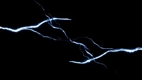 Horizontal Blue Electric Arc Crossing Dark Background with Thin Plasma Branch Stock Footage 335980902