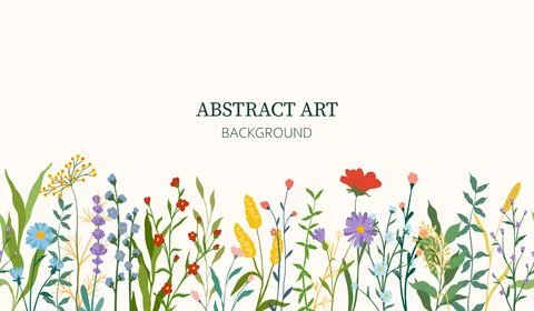 Horizontal border, abstract art with summer meadow plants, wild flowers, le.. Stock Illustration