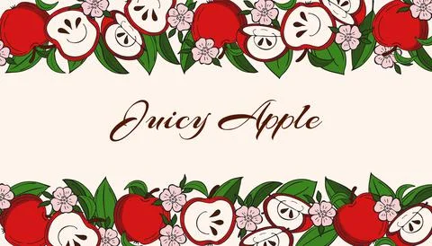 Horizontal border with apples, leaves, apple blossom, copy space. Vector. Stock Illustration